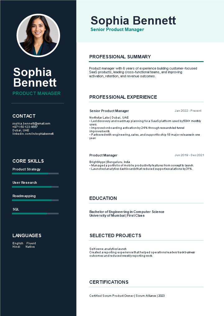 Professional resume template preview with profile photo